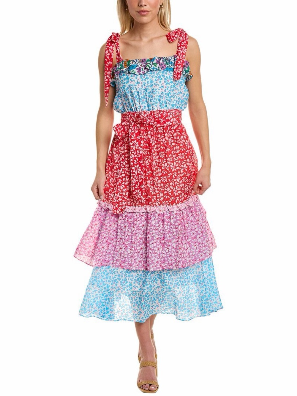 Roller Rabbit Floral Mix Eleanor Red Pink Blue Floral Tiered Midi Dress